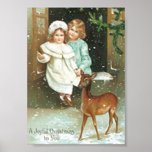 Kinder mit Hirsch zu Weihnachten Poster (Vorne)