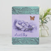 KINDER MIT SCHALTFLEUCHTBLAU BABY DUSCHE EINLADUNG (Stehend Vorderseite)