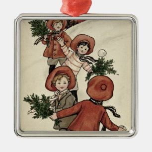 Kinder mit Stechpalmen-werfenden Schneebällen Ornament Aus Metall
