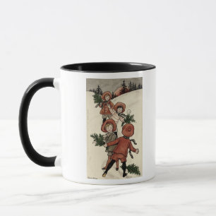 Kinder mit Stechpalmen-werfenden Schneebällen Tasse