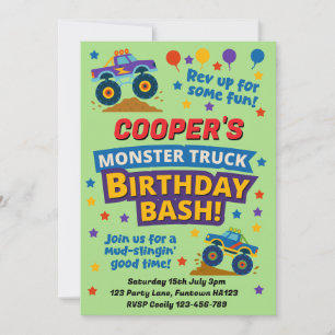 Kinder-Monster-Truck-Geburtstagsfeier Grün Einladung