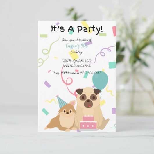 Kinder Mops Hund zum Geburtstag Einladung (Stehend Vorderseite)