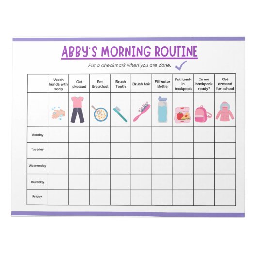 Kinder Morgenroutine-Checkliste mit süßen Icons Notizblock (Vorderseite)