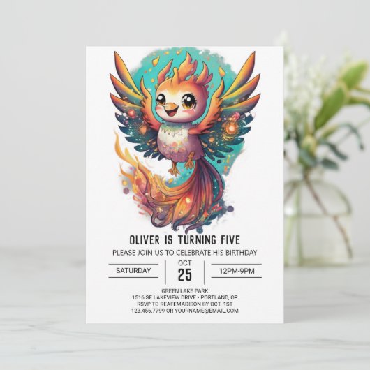 Kinder Mythischer Phoenix Boho Geburtstag Einladung (Stehend Vorderseite)