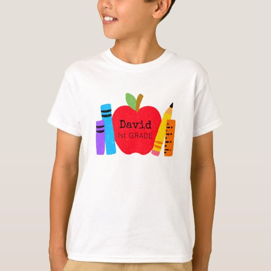 Kinder NAME Schule GRADE Apfelbücher Bleistifte Sp T-Shirt (Vorderseite)