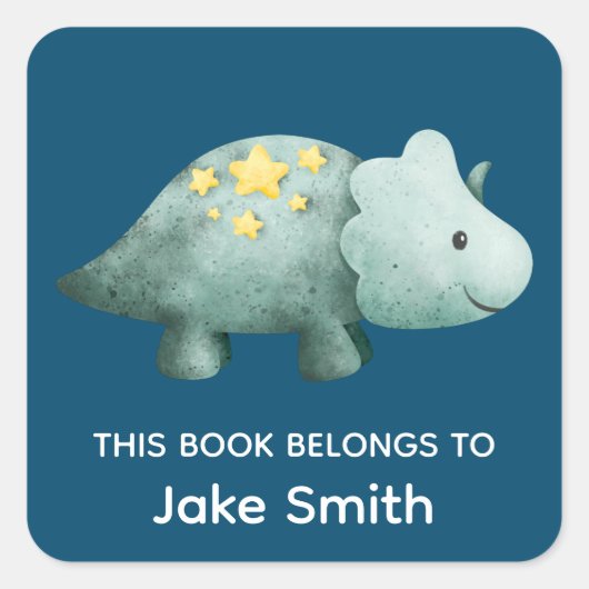 Kinder Navy Blue Dinosaurier und Name School Books Quadratischer Aufkleber (Vorderseite)