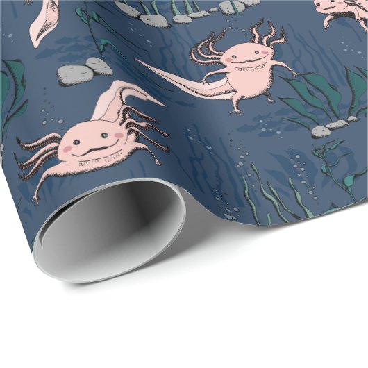 Kinder Navy Green Underwater Axolotl Zeichnend Geschenkpapier (Rolleneckpunkt)