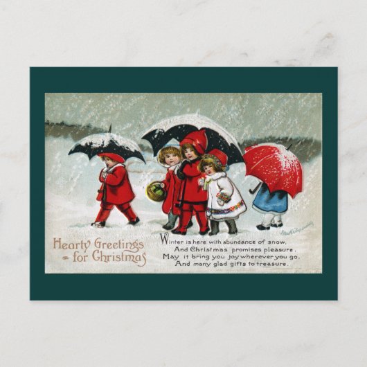 Kinder Neath Umbrellas im Schnee Feiertagspostkarte (Vorderseite)