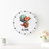 Kinder Niedlich Dino Fliegen in einem Heißluftball Große Wanduhr (Zuhause)