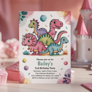 Kinder Niedlich Pink Dinosaurier 2. Geburtstag Par Einladung