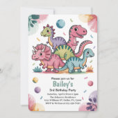 Kinder Niedlich Pink Dinosaurier 3. Geburtstag Par Einladung (Vorderseite)