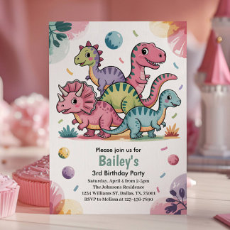 Kinder Niedlich Pink Dinosaurier 3. Geburtstag Par Einladung