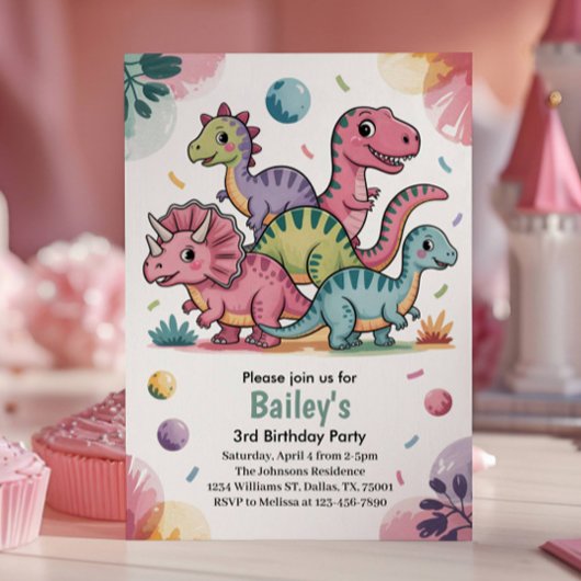 Kinder Niedlich Pink Dinosaurier 3. Geburtstag Par Einladung