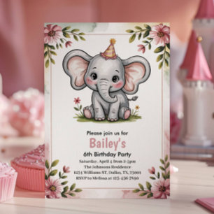 Kinder Niedlich Pink Elephant 6. Geburtstagsparty Einladung