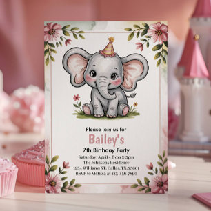 Kinder Niedlich Pink Elephant 7. Geburtstagsparty Einladung