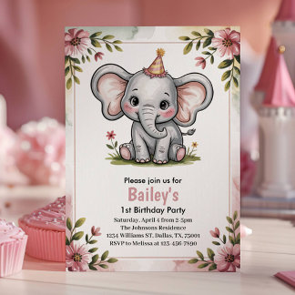 Kinder Niedlich Pink Elephant Geburtstagsparty Einladung