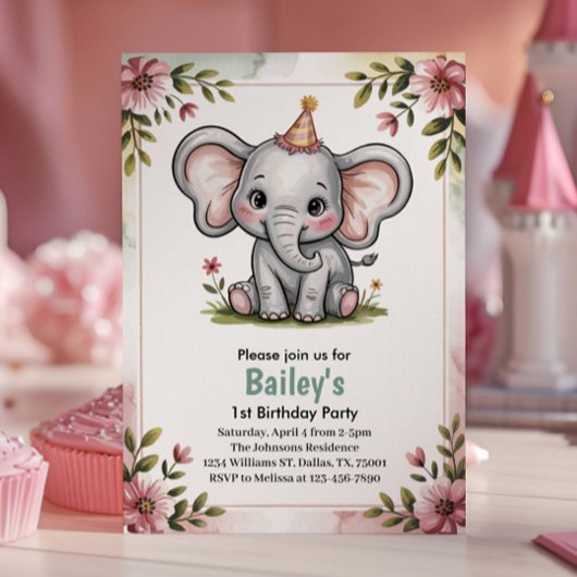 Kinder Niedlich Pink Elephant Geburtstagsparty Einladung
