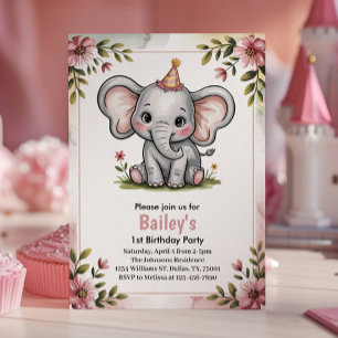 Kinder Niedlich rosa Elefant 1. Geburtstag Party Einladung