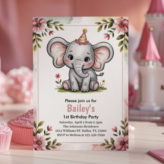 Kinder Niedlich rosa Elefant 1. Geburtstag Party Einladung