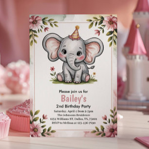 Kinder Niedlich rosa Elefant 2. Geburtstag Party Einladung