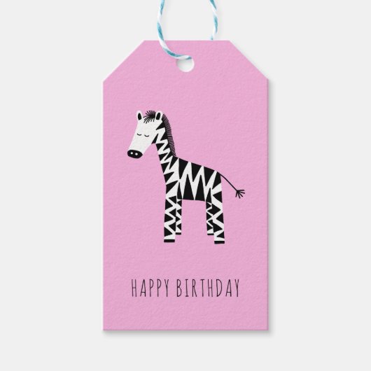 Kinder niedlich rosa Zebra Glücklich Geburtstag Geschenkanhänger (Vorderseite)