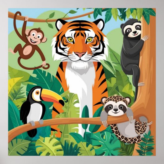 Kinder Niedliche Tiere Jungle Tiger Affenvogel Poster (Vorne)