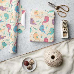 Kinder Niedliche Vögel mit Tulpen Geschenkpapier