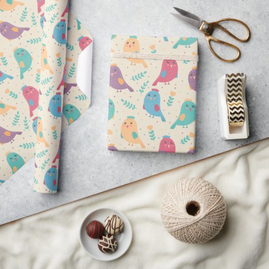 Kinder Niedliche Vögel mit Tulpen Geschenkpapier (Kunsthandwerk)