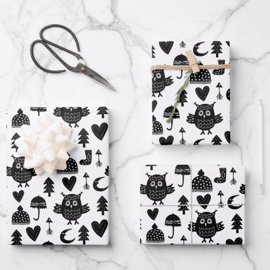 Kinder Niedlicher Owl Moon Herz Umbrella Winter Ha Geschenkpapier Set (Vorderseite)