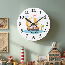 Kinder Niedliches Personalisiertes Piratenschiff A Runde Wanduhr