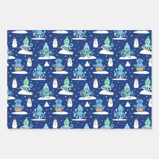 Kinder Octopus Winter Sport Funny Animal Wrapping Geschenkpapier Set (Vorderseite)