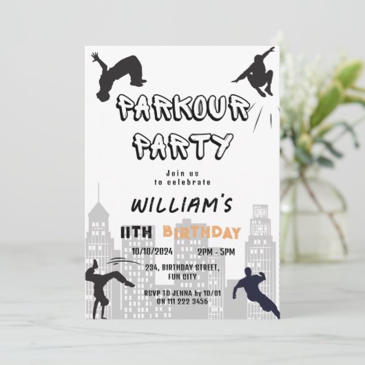 Kinder Parkour Party Geburtstag Einladung (Stehend Vorderseite)