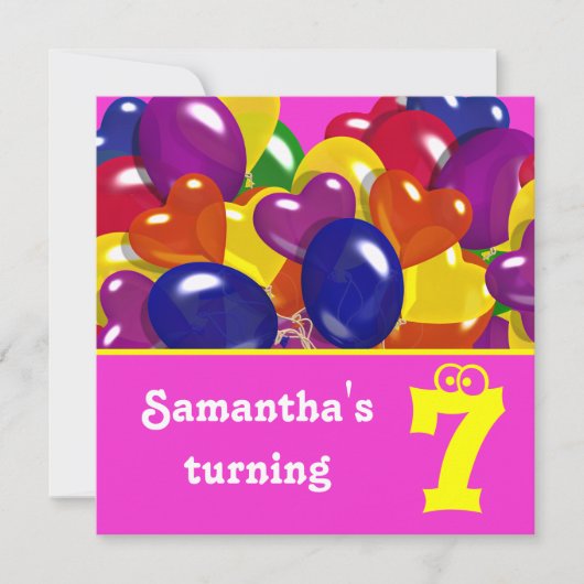 Kinder Party Ballons "hot pink" "any age" Einladung (Vorderseite)