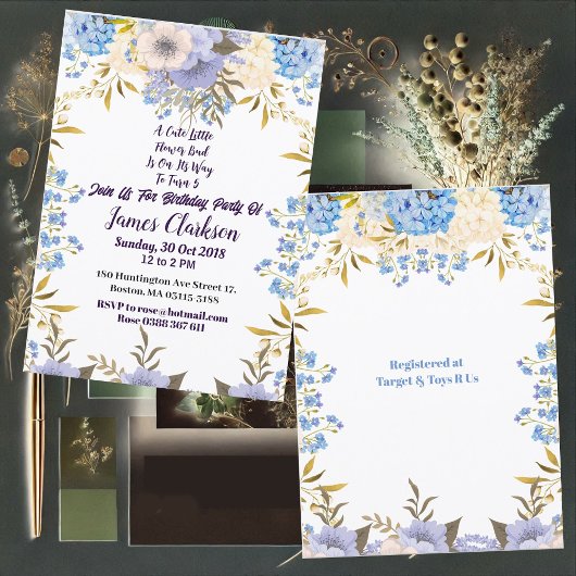 Kinder Pastel Blue Little Blume Bud Floral Geburts Einladung