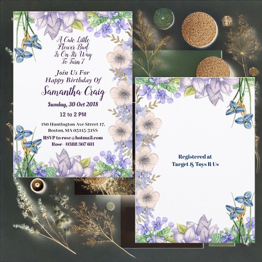 Kinder Pastel Blue Little Blume Bud Floral Geburts Einladung