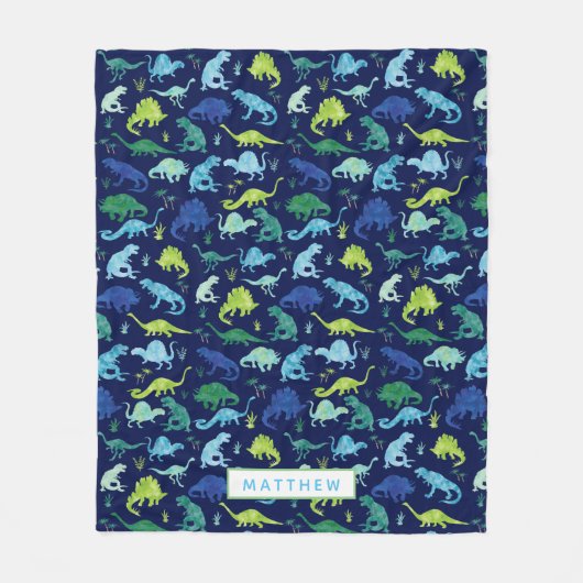 Kinder Personalisiert Dinosaurier Blaues grünes Wa Fleecedecke (Vorderseite)