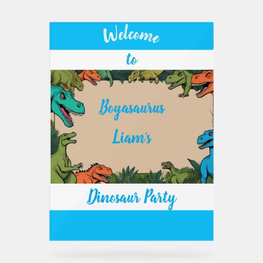 Kinder Personalisiert Dinosaurier Party Begrüßungs Acrylschild (Vorderseite)