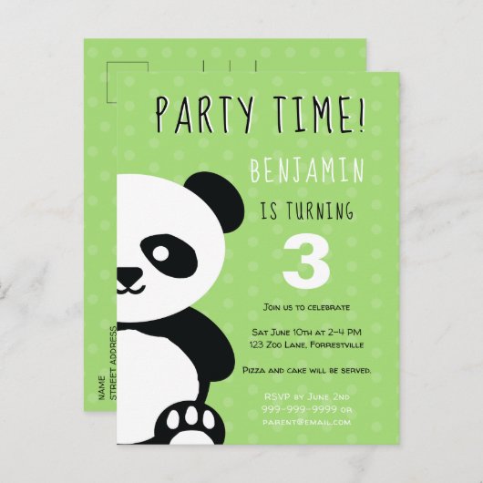 Kinder Personalisiert Panda Kawaii Green Geburtsta Einladungspostkarte (Vorne/Hinten)