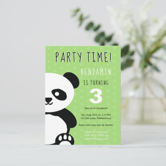 Kinder Personalisiert Panda Kawaii Green Geburtsta Einladungspostkarte (Stehend Vorderseite)