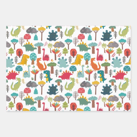 Kinder Personalisierter Dinosaurier-Wald farbenfro Geschenkpapier Set (Vorderseite)