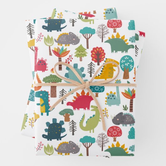 Kinder Personalisierter Dinosaurier-Wald farbenfro Geschenkpapier Set (Beispiel)