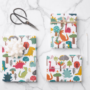 Kinder Personalisierter Dinosaurier-Wald farbenfro Geschenkpapier Set