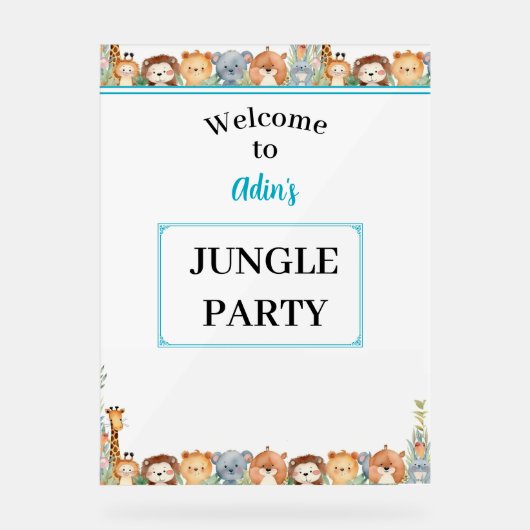 Kinder Personalisiertes Jungle Party Begrüßungszei Acrylschild (Vorderseite)