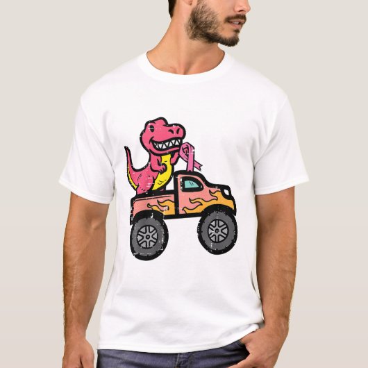 Kinder Pink-Dino-Monster LKW Brustkrebs-Warnung T-Shirt (Vorderseite)