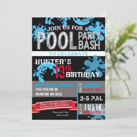 Kinder Pool Party Bash Geburtstag Einladung (Stehend Vorderseite)