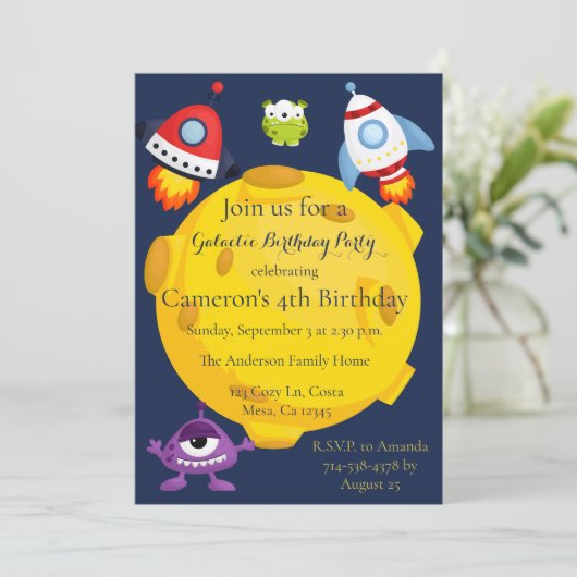 Kinder Raumgalaxie Planets Außerirdischen Geburtst Einladung (Stehend Vorderseite)