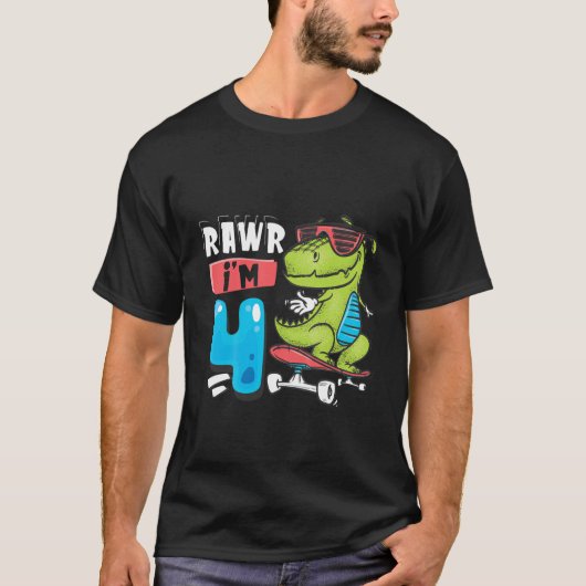 Kinder Rawr ich bin 4 T Rex Dinosaur Skateboard Bo T-Shirt (Vorderseite)