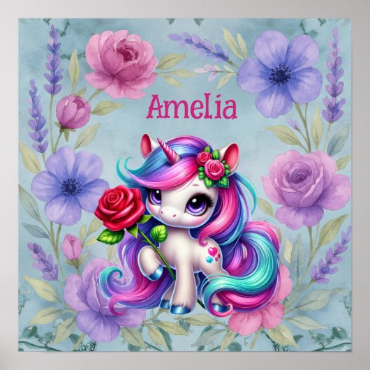Kinder Regenbogen Einhorn & Name Kinderzimmer Poster (Vorne)