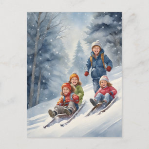 Kinder Rodelbahn Winterlandschaft Postkarte