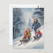 Kinder Rodelbahn Winterlandschaft Postkarte (Vorne/Hinten)